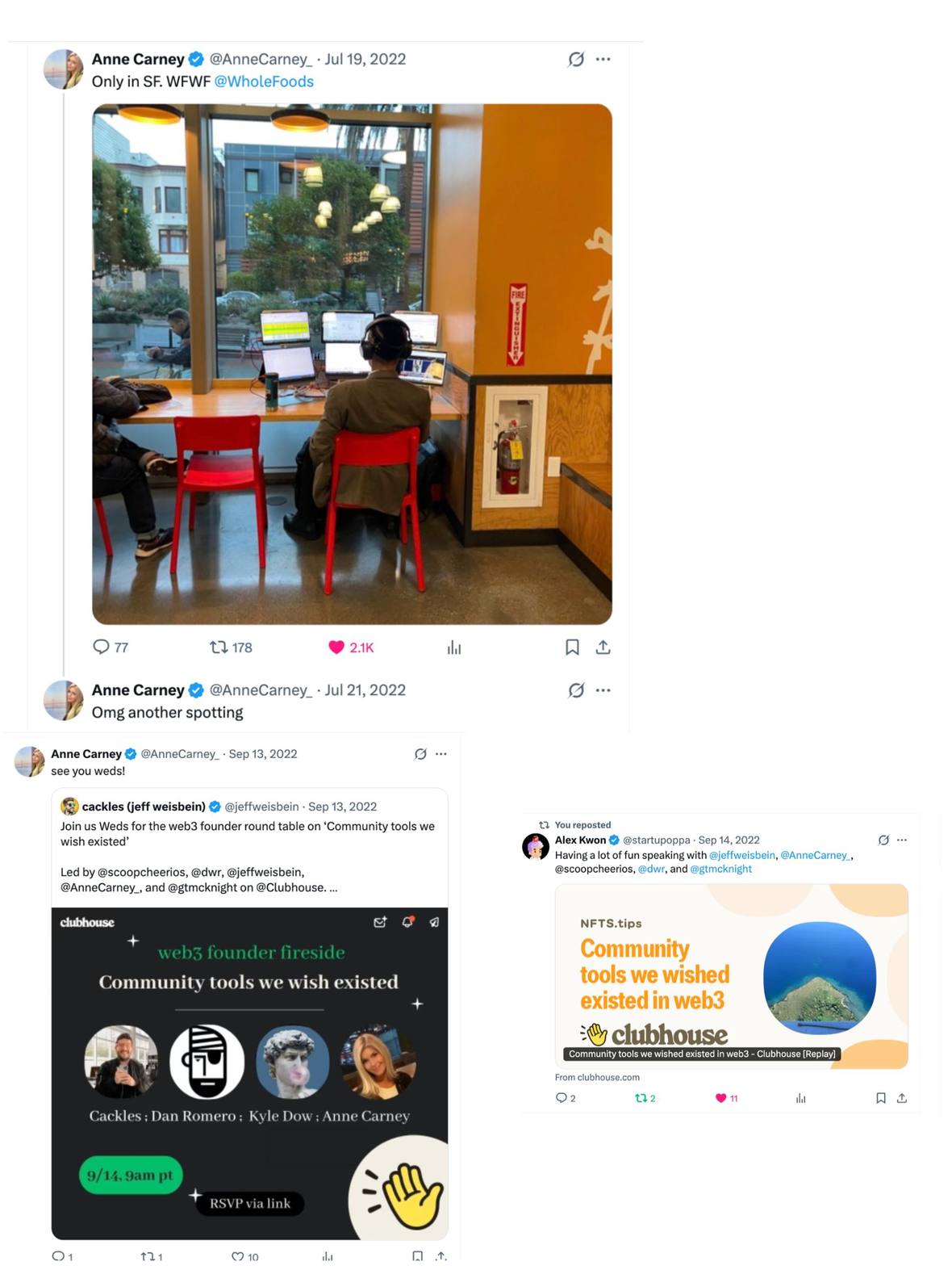 Verified @AnneCarney_. A 2.1K-like post, and a web3 founder fireside seat alongside Farcaster founder Dan Romero